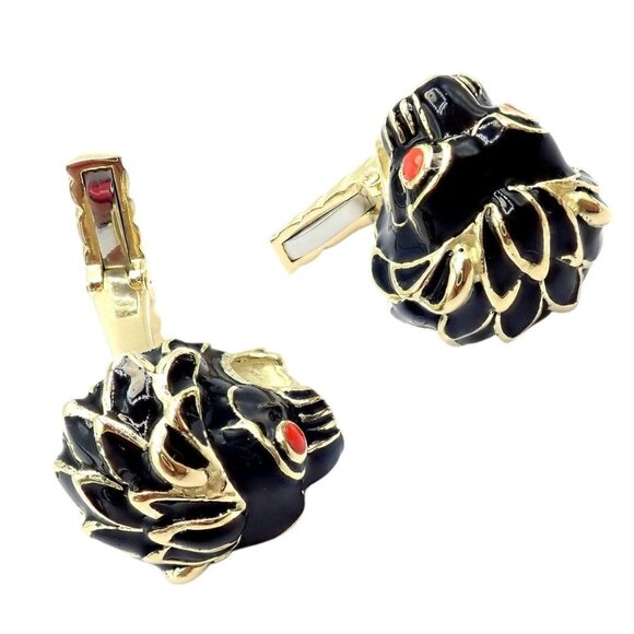 Vintage! David Webb 18k Yellow Gold Black Enamel Lion Cufflinks - Picture 4 of 13